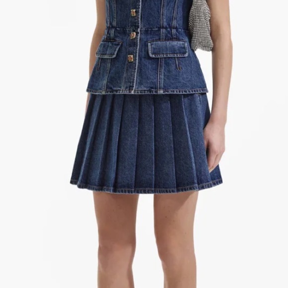 New! Self-Portrait Tailored Pleated Denim Miniskirt - Picture 2 of 10